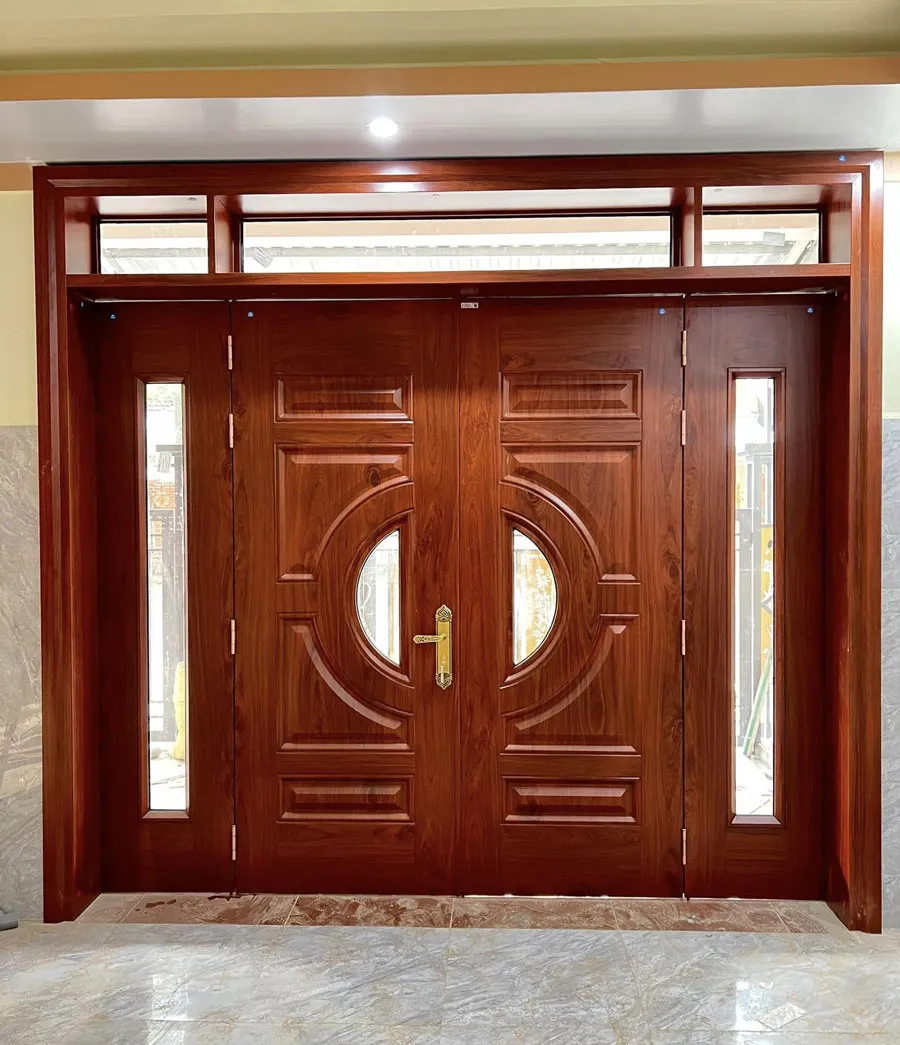 Cửa thép chống cháy vân gỗ 4 cánh thực tế