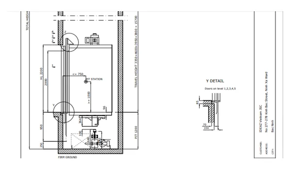 Bản vẽ kết cấu hố pit thang máy mô tả chiều sâu hố và vị trí sàn tầng