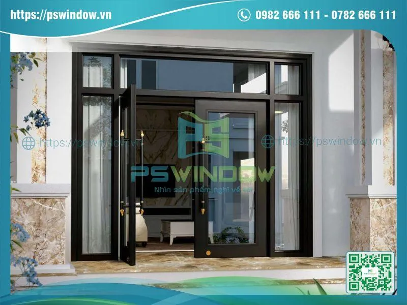 Mẫu cửa kính phòng khách 2 cánh mở quay