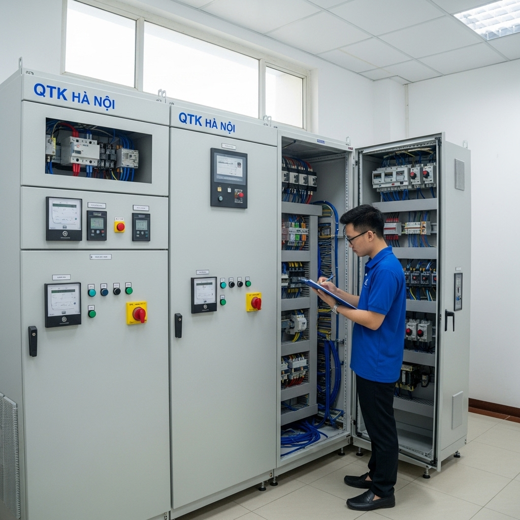Hình ảnh máng cáp 50x50 tích hợp cảm biến thông minh trong một trung tâm dữ liệu hiện đại, thể hiện công nghệ xanh.